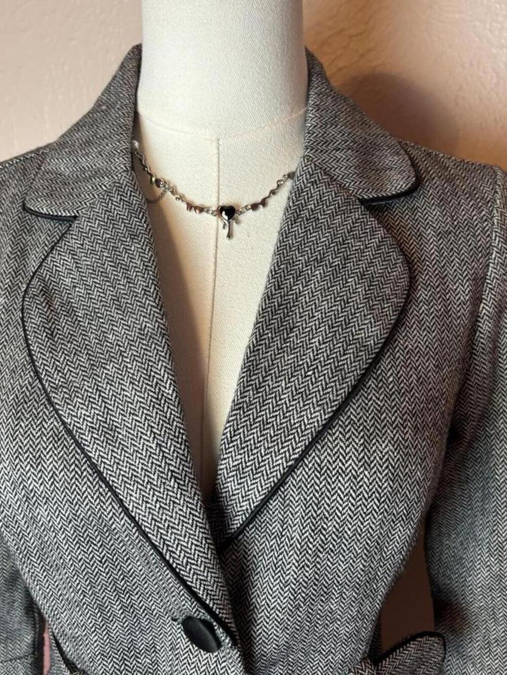 vintage forever 21 wool belted blazer 2000s y2k collegiate grey sz small office - Picture 2 of 8